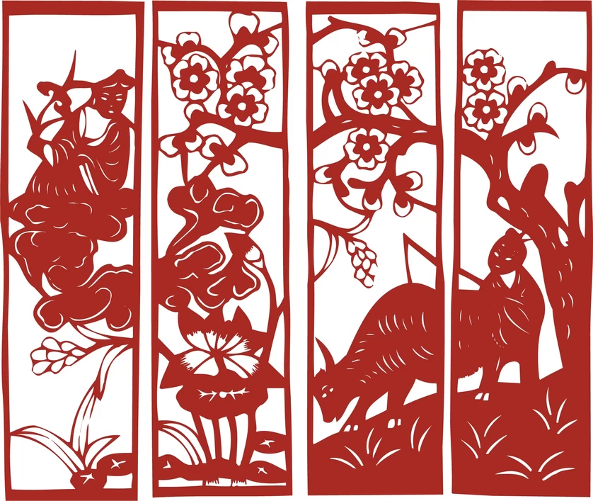 中国风中式传统喜庆民俗人物动物窗花剪纸插画边框AI矢量PNG素材【1356】